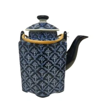 Bombay Teapot Dark Blue And White Hexagon Shape With Bamboo Handles 7.75" Tall