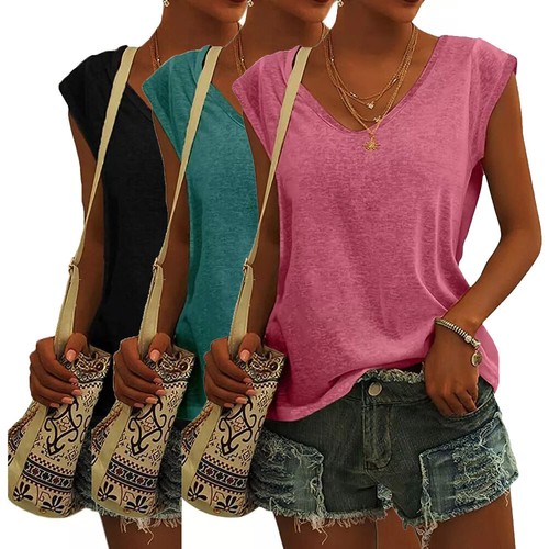 Womens Cap Sleeve Blouses T-Shirt Casual Loose Fit Basic Shirts Tank Tops
