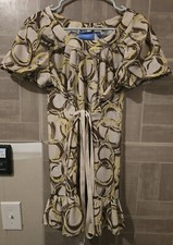Simply Vera Wang Dress Womens Small Print Short Sleeve Tie Front Brown Yellow