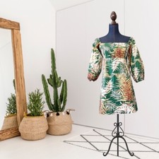 CARA CARA Women's XS Montauk 3/4 Puff Sleeve Leaf Print Dress Fern Green