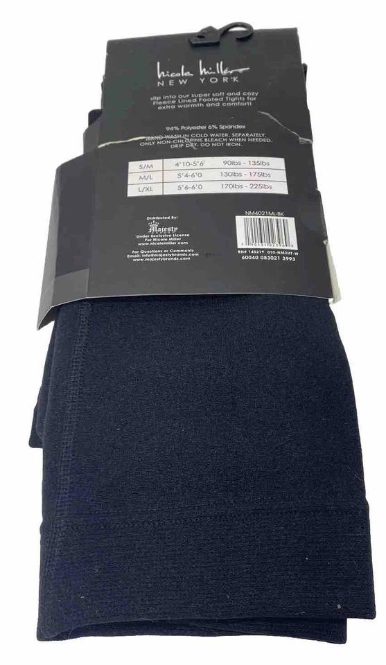 Women's Black Fleece Lined Footed Tights 1 Pair M/L Pantyhose Nicole Miller, New - Image 2 of 4