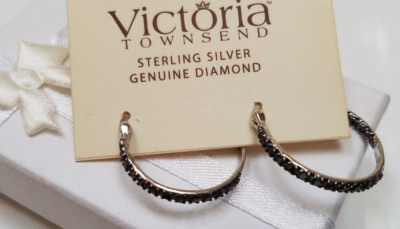 GENUINE BLACK DIAMOND VICTORIA TOWNSEND 925 STERLING SILVER WOMENS HOOP EARRINGS