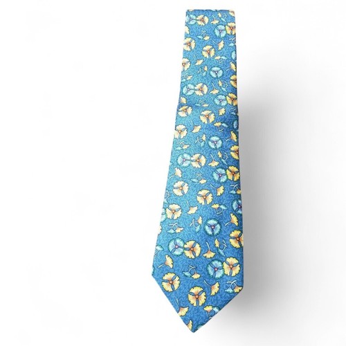 HERMES Men's Silk Tie Leaf Pattern Blue Used No Box EUC