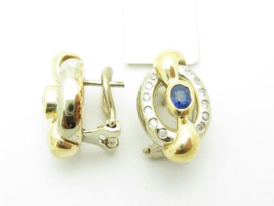 14kt Oro Amarillo Diamante Y Zafiro Azul Francés Espalda Evil Eye Diseño Aretes