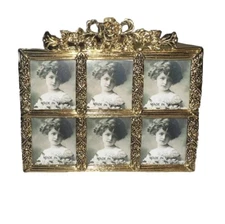 Vintage Ornate Gold Floral Metal Frame Victorian-Style Holds 6 Mini Photos 1995
