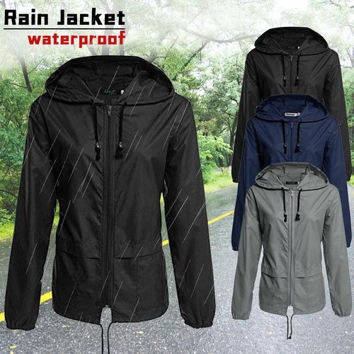 Unisex Adult Waterproof Rain Jacket Zip Up Hooded Lightweight Windbreaker Coat - Picture 2 of 17
