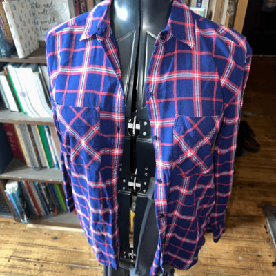 Express soft wash S blue & red plaid lumberjack button down shirt
