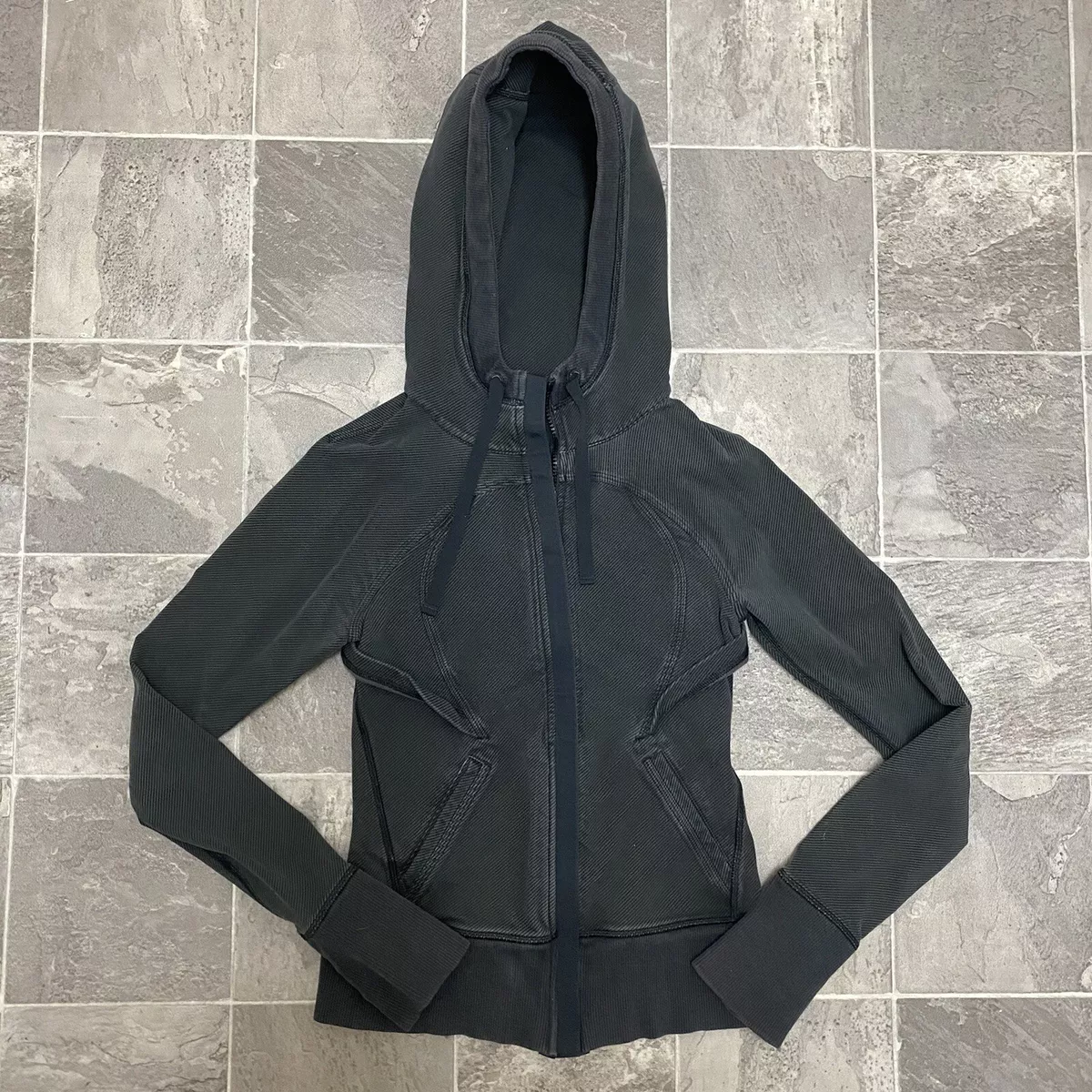 Women’s Lululemon Athletica Striped Full Zip Hoodie Sweatshirt Sz 2 Black  Gray