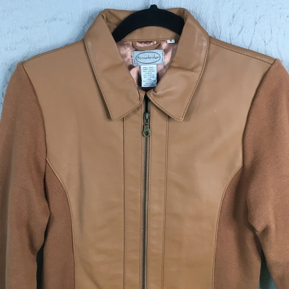 Chaqueta de cuero Stonebridge vintage para mujer pequeña marrón suéter mangas retro Foto 3 de 4