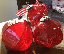 3 Kugel Xmas Teardrop Acorn Style Midwest Ornaments Ruby Crackle Glass     