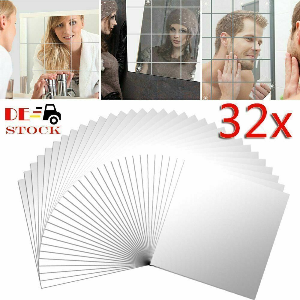 32x azulejos de espejo, pegatinas de espejo de pared, lámina decorativa, lámina