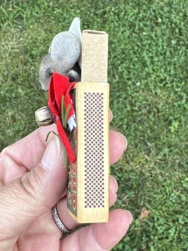 Vintage Christmas Tree Ornament Flocked Gray Mouse In Match Box Rosebud Matches - Picture 4 of 11