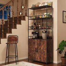 Bakers Rack with Storage Farmhouse Kitchen Pantry Hutch Coffee Bar Tall Cabinet