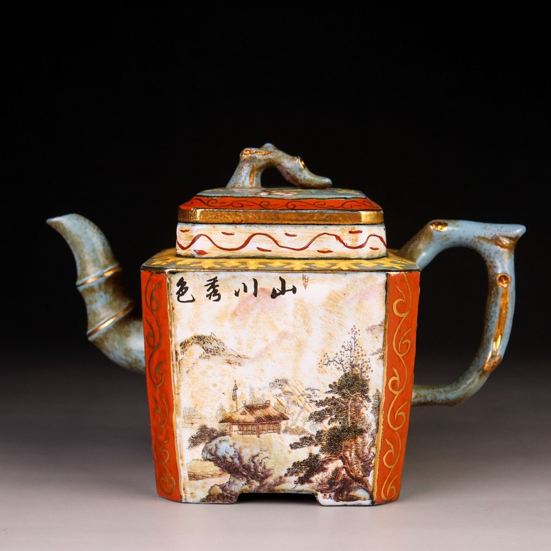 Chinese Antique Style Porcelain Square Landscape Teapot Lidded Pot