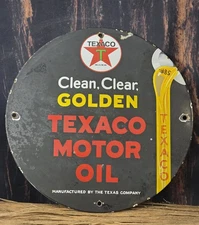 VINTAGE TEXACO GOLDEN TEXACO MOTOR OIL PORCELAIN SIGN 12"