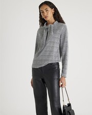 River Island Womens Top Grey Check Print Long Sleeve Scarf Neck Blouse