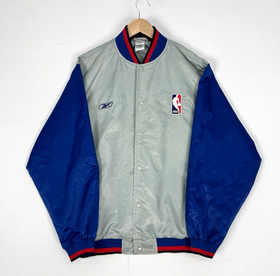 NBA Reebok Bomberjacke Gr. M Oversized Satin Grau Blau Druckknopf Vintage 90er