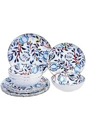 12-Piece Melamine Dinnerware Set - Service for 4, Watercolor Floral