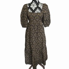 Minkpink XS Boho Cottage Core Midi Dress Black Floral Pattern Puff Sleeve 100% C