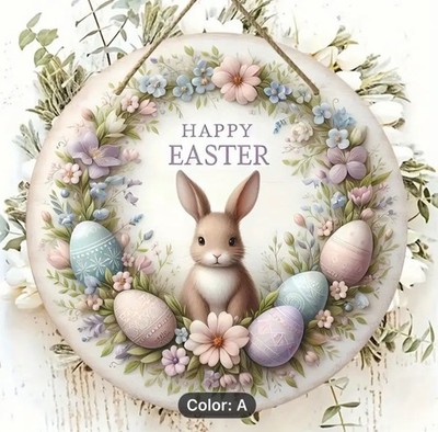 Vintage Frohe Ostern Holzschild 2D flach Wanddeko mit & Eierkranz flach 2D