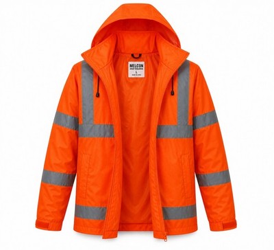 10 Orange ANSI Class 3 high-visibility reflective rain/safety jacket with hood.