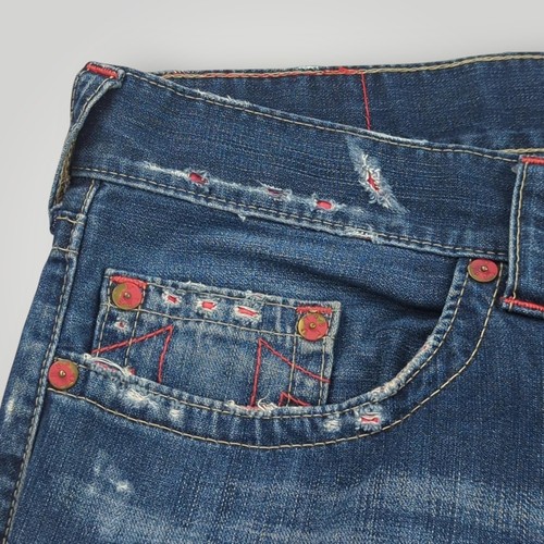 True Religion Men’s 42 World Tour Moto Jeans Distressed Red Rivet Blue Denim - Picture 4 of 16