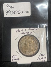 UK 1942 Silver Florin Coin, Two Shillings, .500 Silver BU/UNC
