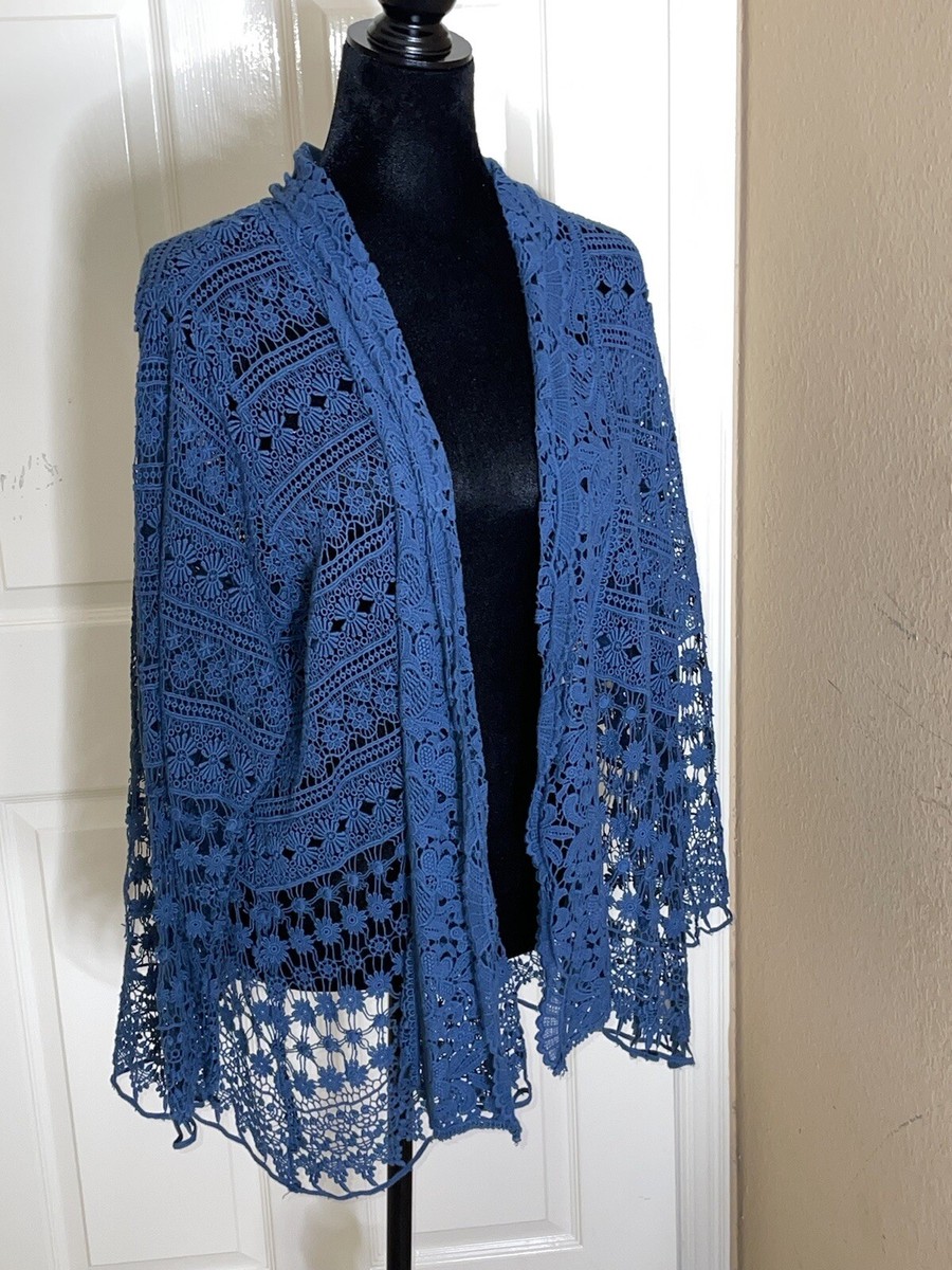 Johnny Was Crochet Lace Open Cardigan Waterfall Blue Crochet Hem