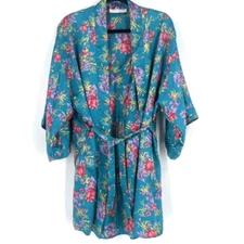 Vintage Val Mode Lingerie Womens Floral Kimono Robe and Cami Set blue Sz Medium