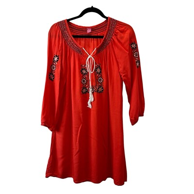 RAJ Womens Pink Coral Floral Embroidered Peasant Boho Size M Tassels Dress