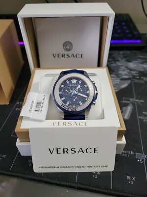 Versace Greca Action VE3J00122 Man Quartz Watch Blue 45mm Chronograph Date Day