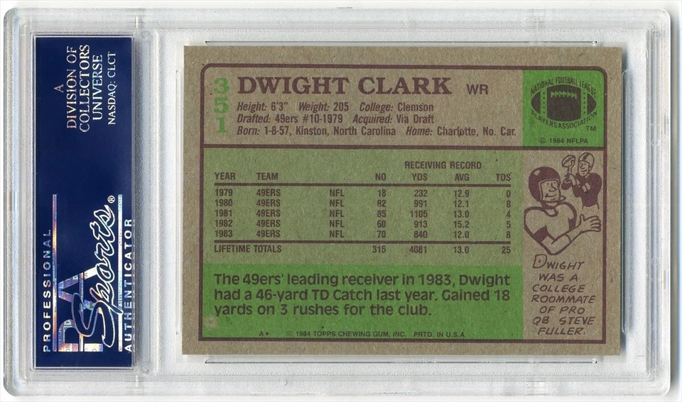 1984 Topps #351 Dwight Clark "The Catch" PSA 9 Mint San Francisco 49ers - Image 2 of 2