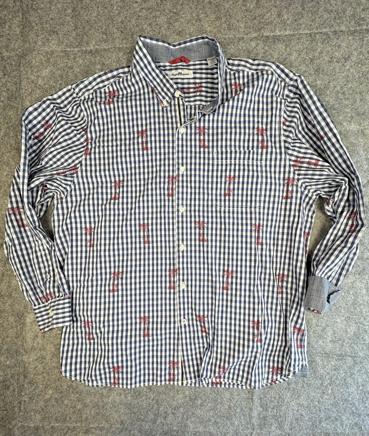 Tommy Bahama Long Sleeve Blue Shirt Men's Button Down Cotton Blend 2XL Palm Tree