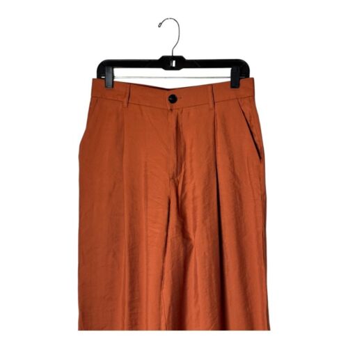 Zara Pants Women Medium Orange Terracotta Pleated Wide Leg High Rise Trousers - Picture 4 of 10