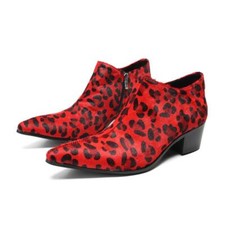 Men Ankle Boots Leopard Pattern Block Heel Pointy Toe Zip Leather Casual Shoes