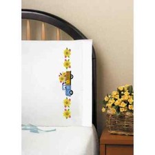 DESIGN WORKS - ONE PAIR OF PILLOWCASES STAMPED FOR EMBROIDERY - SUNFLOWER TRUCK