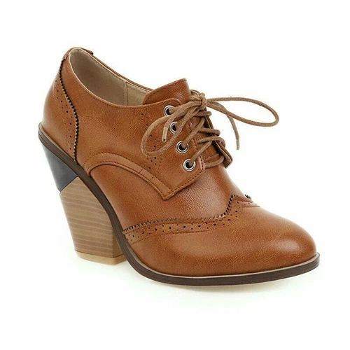 Womens Lace Up Oxfords Wingtip Brogues Block High Heels Pumps Shoes - Picture 19 of 21