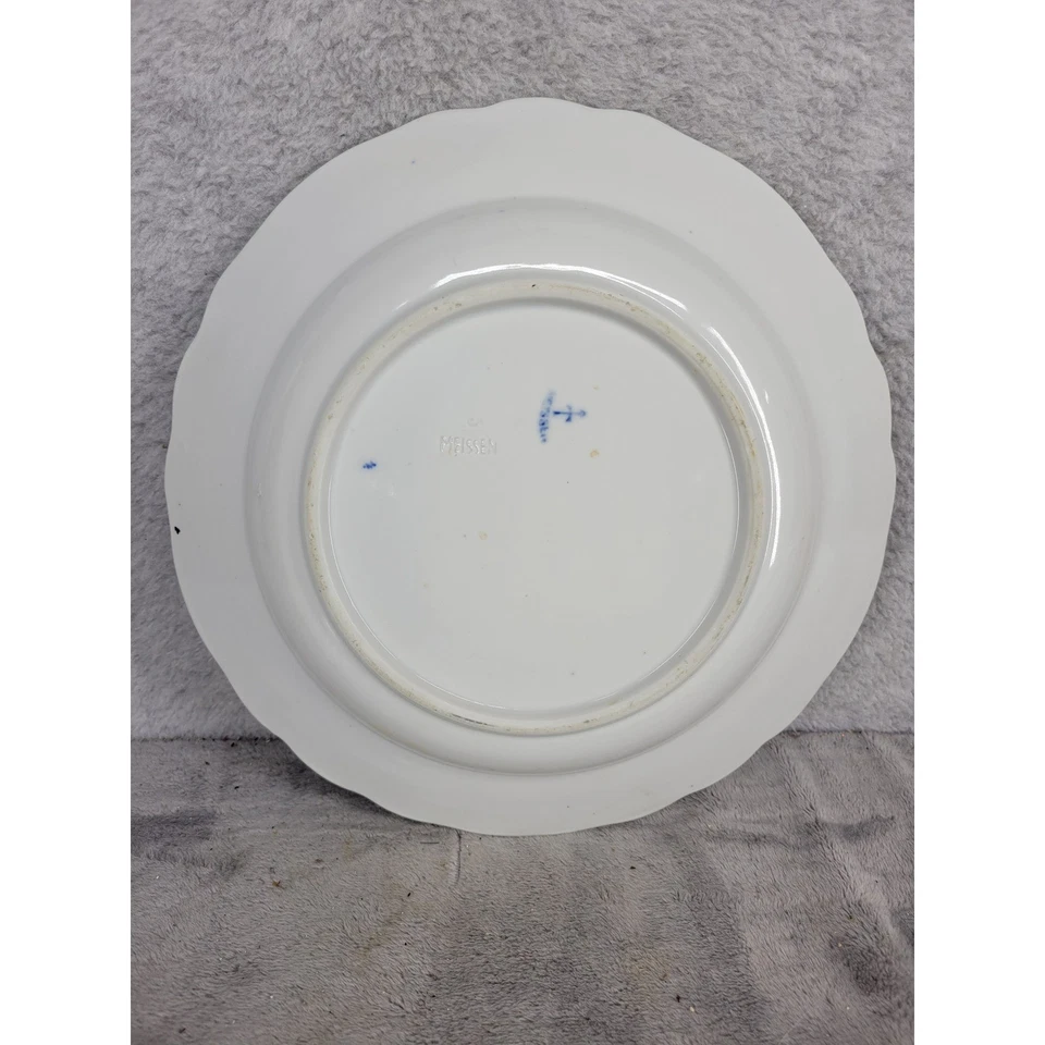 Plato de cebolla azul Meissen borde festoneado porcelana pintada a mano alemán Foto 2 de 4