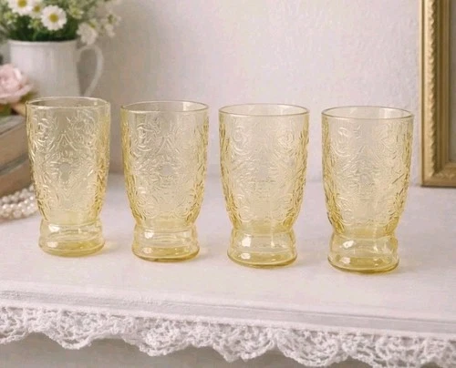 4 Vintage Federal Yellow Madrid Juice Tumblers  1930's Depression Era
