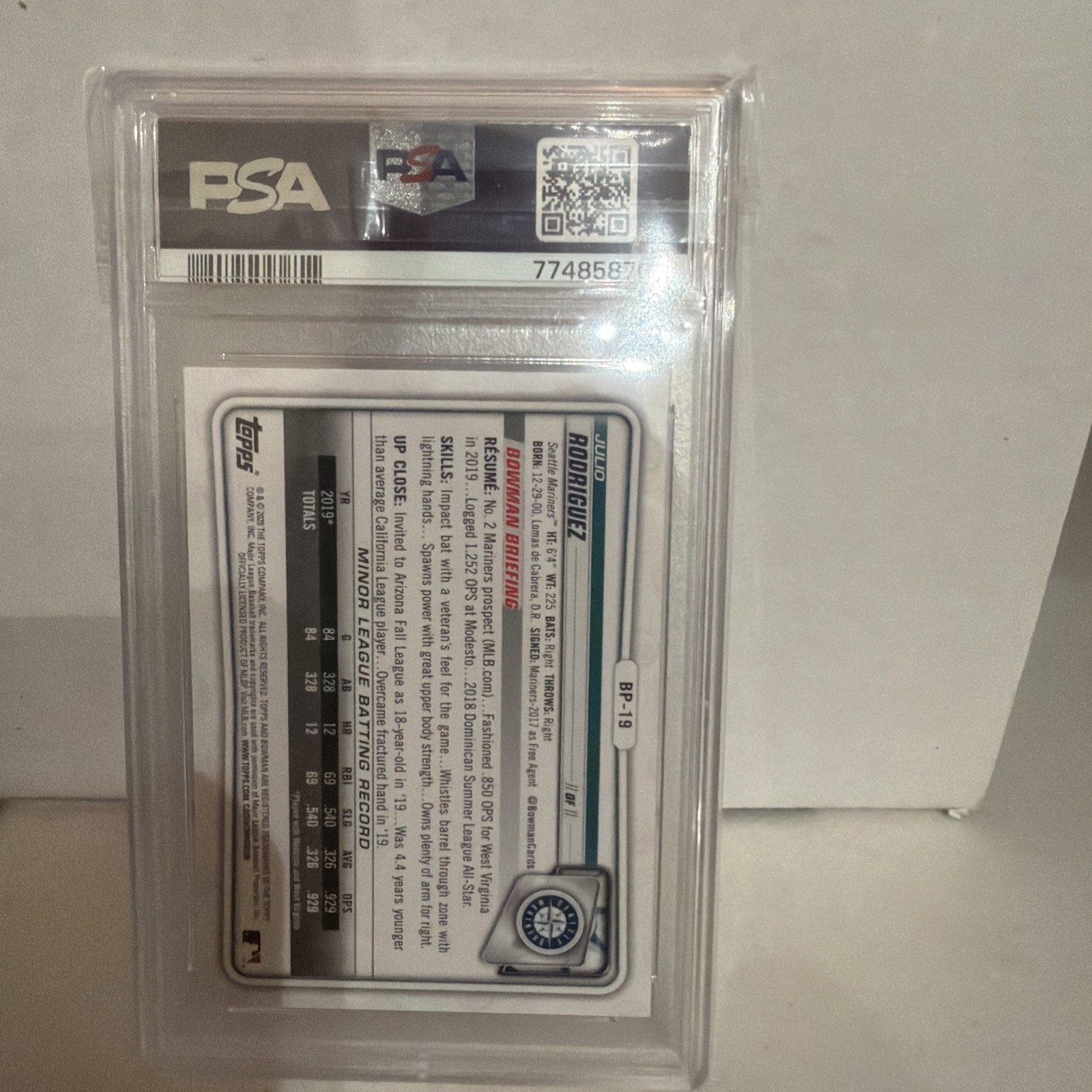 2020 Bowman Prospects RC Julio Rodriguez #BP19 PSA 9 Mint view 3