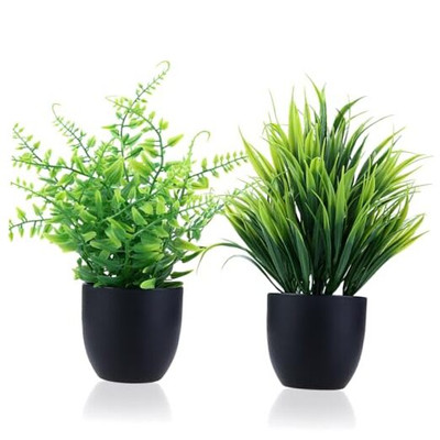  2 Pack Fake Plants in Black Pot Small Artificial Plant Wheat Grass for Home 