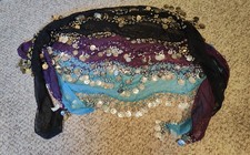 3 Belly Dance Hip Scarves BLACK, TEAL, AND PURPLE with dangling coins