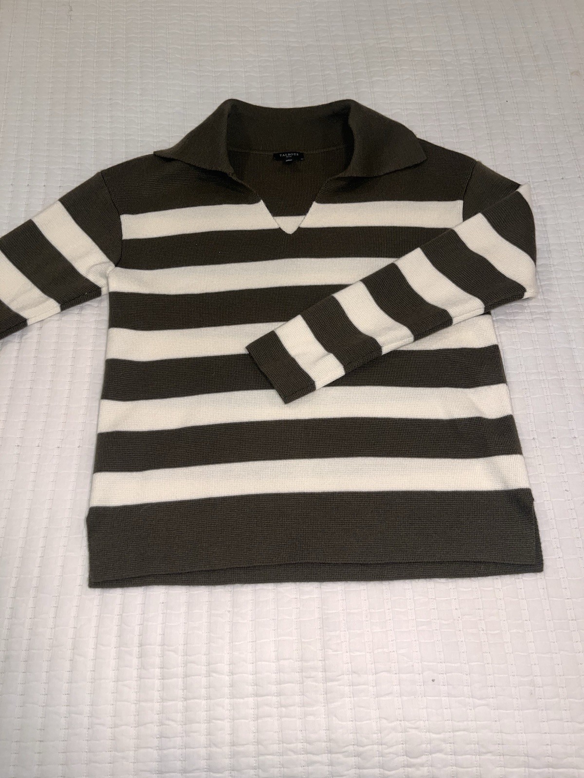 Talbots Brown White Striped Collared Pullover Swe… - image 1