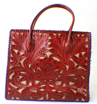 Alejandro Yeo Purse Large Handmade Red Tooled Leather Runway Hand Tote Bag