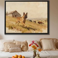Rural Countryside Oil Painting Dog Canvas Print Belgian Malinois Wall Art Decor