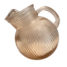 Hazel Atlas Pink Ribbed Glass Ball Pitcher Ice Lip 8" Vintage Depression