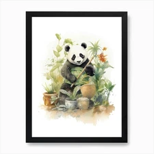 Panda Art Gardening Watercolour 3 A Framed Wall Art Poster Canvas Print Picture