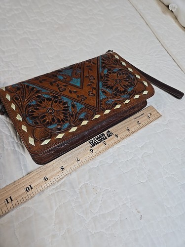 Portafoglio American Darling Tooled pelle accento turchese organizer pochette wrislet - Foto 6 di 7