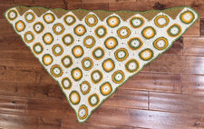 VTG 70s Handmade Granny Square Chunky Crocheted Spring Colors Shawl Cream Green
