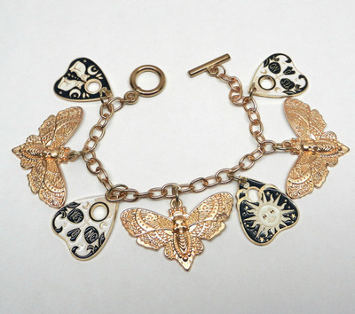 Gothic Charm Bracelet Gold White Black W/ Cats Deaths-Head Moths Ouija Board Sun